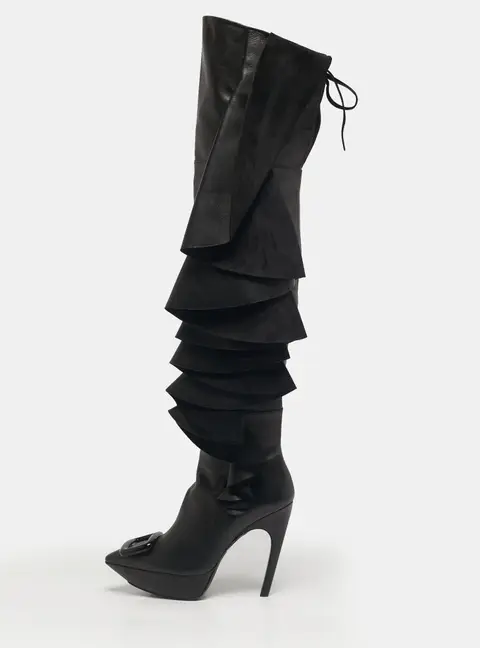 Roger Vivier Black Leather and Suede Rouches Cuissards Over The Knee Boots Size 38