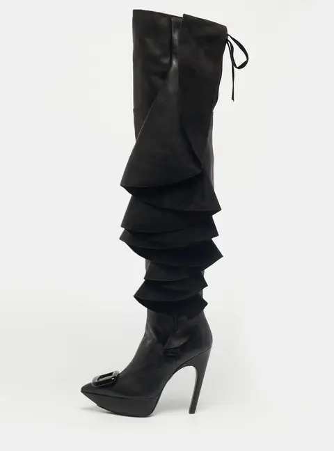 Roger Vivier Black Leather Viv' Choc Rouches Cuissards Knee Length Boots Size 37
