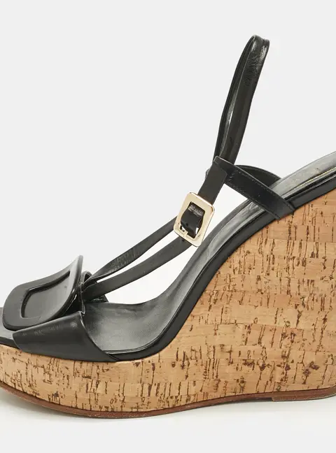 Roger Vivier Black Leather Buckle Wedge Slingback Sandals Size 40