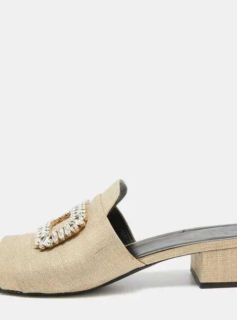 Roger Vivier Size 41 Beige Canvas Crystal Embellished Slide Sandals