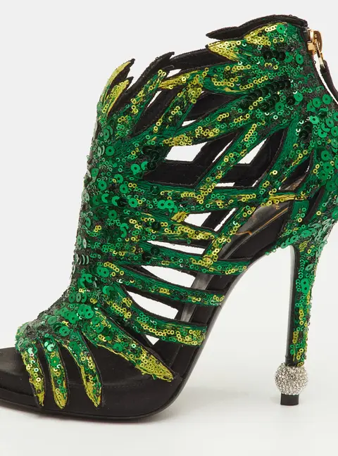Roger Vivier Paillettes Size 37 Green/Black Sequins Open Toe Ankle Booties
