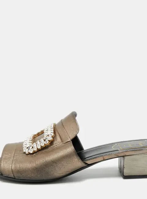 Roger Vivier Size 41 Metallic Bronze Leather Crystal Embellished Slide Sandals
