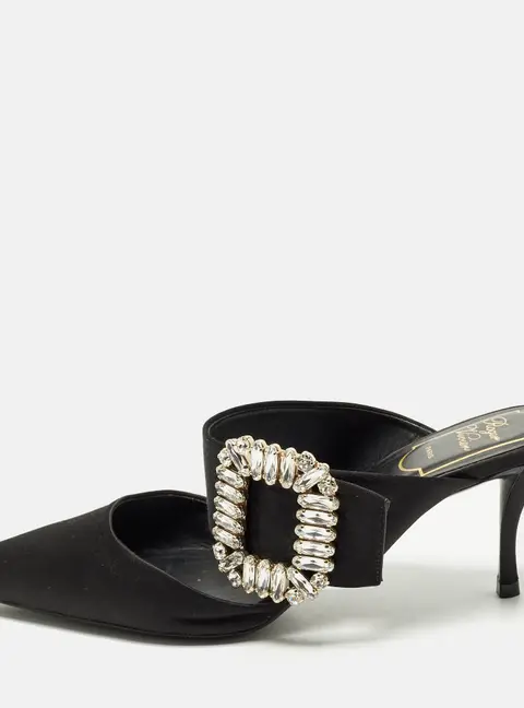 Roger Vivier Size 36 Black Satin Buckle Crystal Embellished Mules
