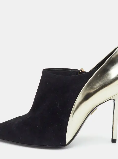 Roger Vivier Size 37.5 Black/Gold Leather and Suede Pointed Toe Booties
