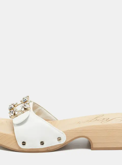 Roger Vivier Viv Size 39 White Leather Crystal Embellished Clogs