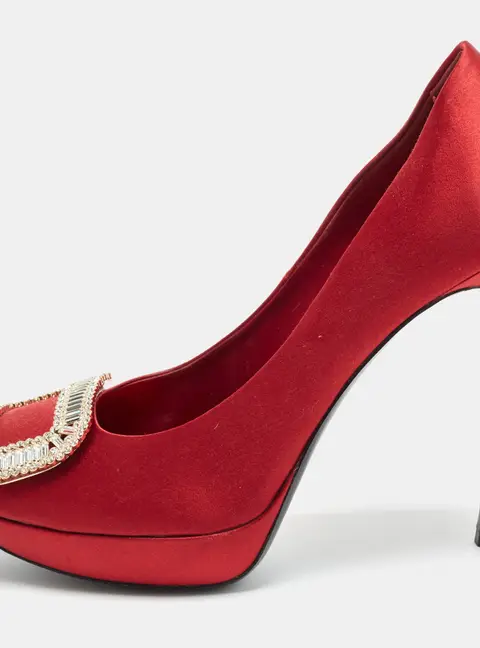Roger Vivier Size 38 Burgundy Satin Limelight Buckle Embellished Platform Pumps