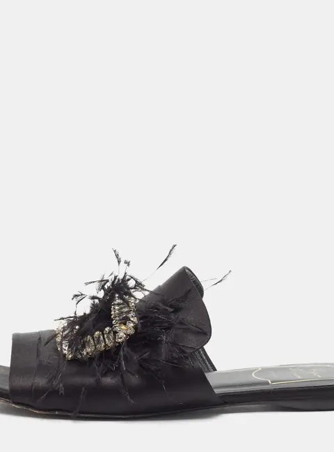 Roger Vivier Size 39 Black Satin Crystal Embellished Flat Slides