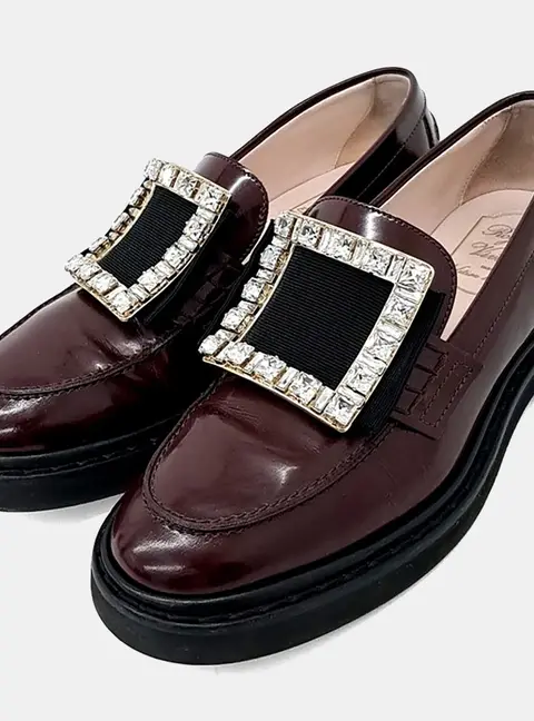 Roger Vivier Burgundy Leather Crystals Loafers EU 37.5