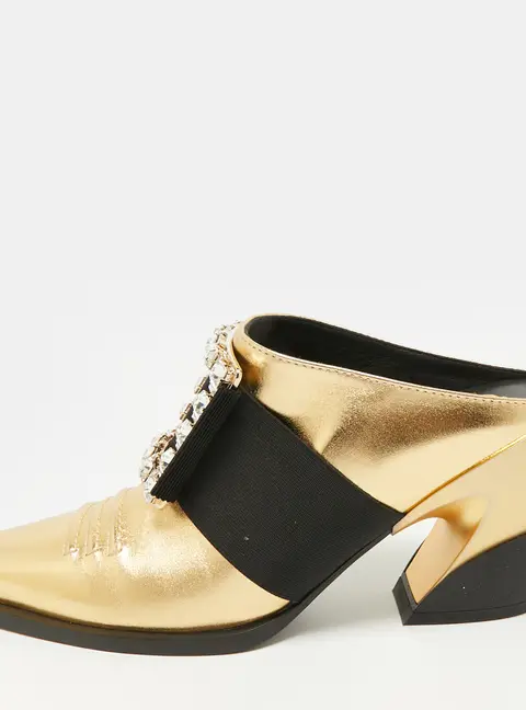 Roger Vivier Size 36 Gold Leather Crystal Embellished Mules