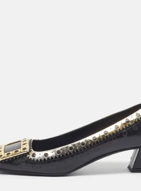 Roger Vivier Belle Vivier Size 37.5 Black/Gold Leather and Patent  Pumps