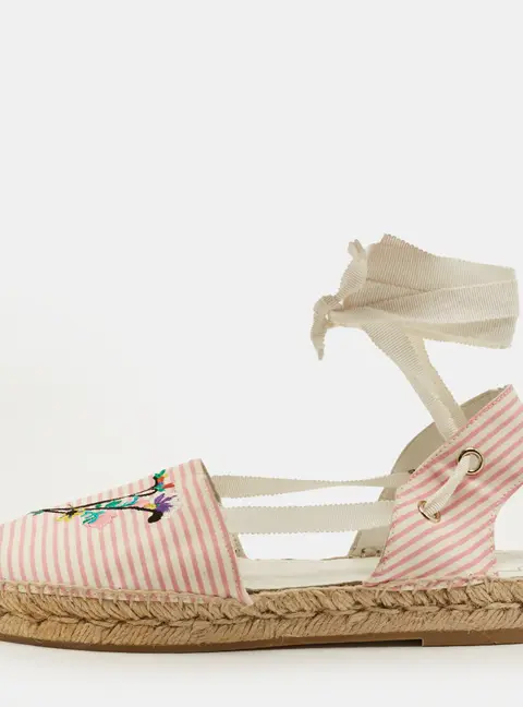 Roger Vivier Size 40 Pink/White Fabric Ankle Tie Espadrille Flats