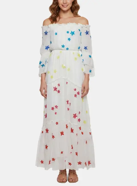 Rococo Sand White Embellished Crepe Off Shoulder Maxi Dress S