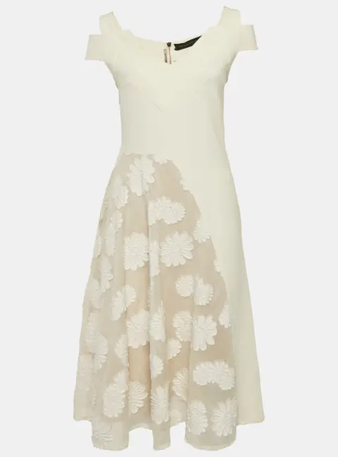 Roland Mouret Off White Cotton & Crepe Stretch Floral Applique Midi Dress M