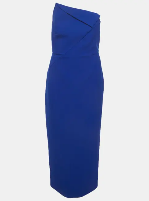 Roland Mouret Blue Crepe Strapless Asymmetric Midi Dress L