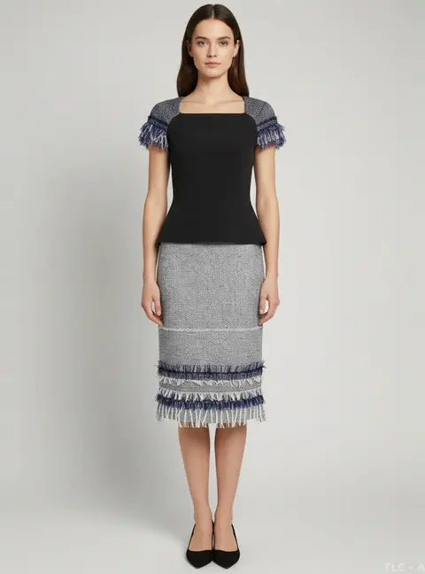 Roland Mouret Black Crepe and Tweed Fringed Blouse and Skirt Set M/S