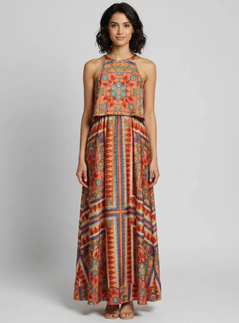 Torn by Ronny Kobo Orange Floral Paisley Print Synthetic Maxi Dress S