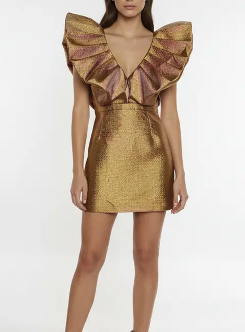 Ronny Kobo Gold Metallic Puff Sleeve Calin Mini Peplum Dress S