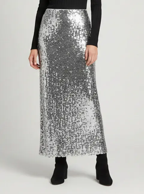 Ronny Kobo Silver Sequinned Slit Detail Midi Skirt S