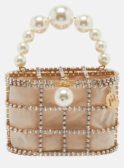 Rosantica Holli Pear and Crystal Embellished Gold Fabric and Metal Top Handle Bag