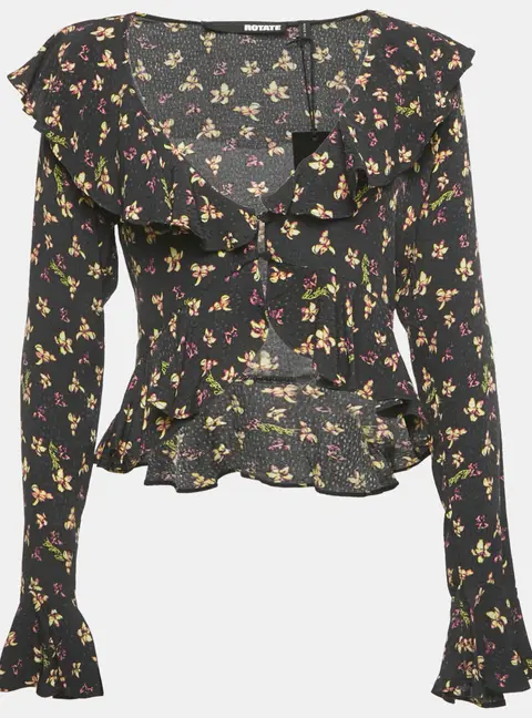 ROTATE Birger Christensen Black Floral Crepe Frill Blouse S