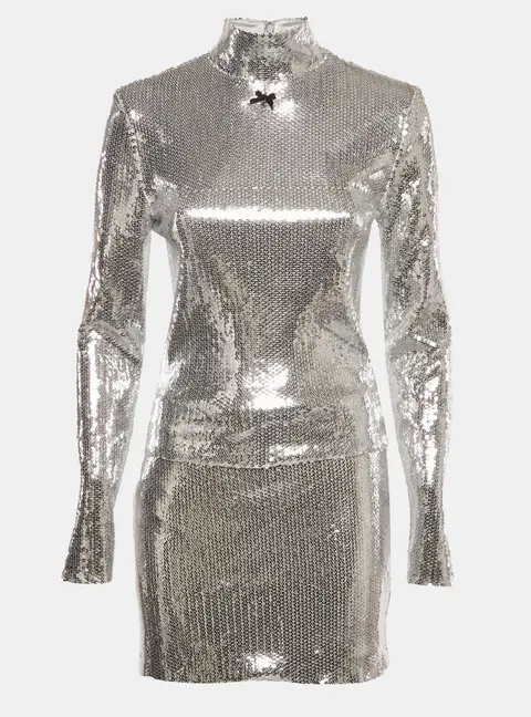 Rotate Birger Christensen Silver Sequin Top and Mini Skirt Set S