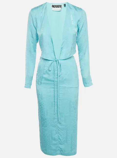 ROTATE BIRGER CHRISTENSEN Blue Textured Jacquard Wrap Top and Skirt Set S