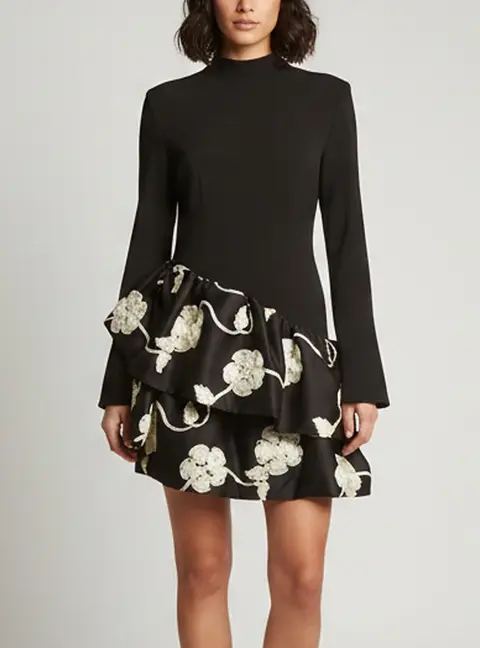 Rotate Birger Christensen Black Embroidered Crepe and Satin Asymmetrical Mini Dress M