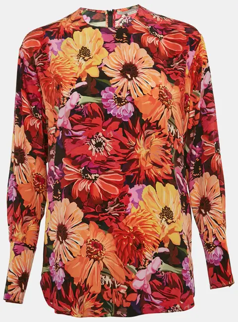 Stella McCartney Red Poppy Print Silk Long Sleeve Blouse S