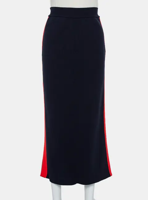 Stella McCartney Navy Blue Cotton Knit Contrast Stripe Panel Detail Midi Skirt M