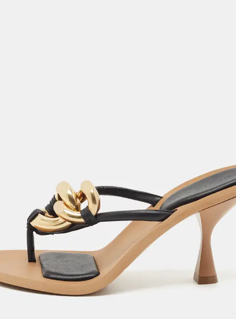 Stella McCartney Size 36 Black Faux Leather Chain Link Thong Slide Sandals