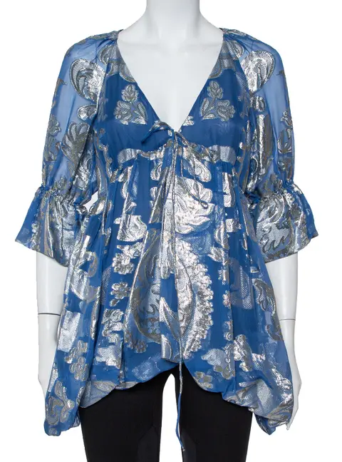 Stella McCartney Blue Floral Lam&eacute; Asymmetrical Hem Top M