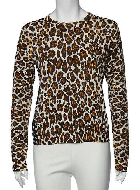 Stella McCartney White Leopard And Check Print Wool Long Sleeve Sweater M