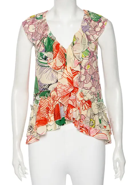 Stella McCartney Multicolored Floral Printed Silk Ruffled Sleeveless Top S