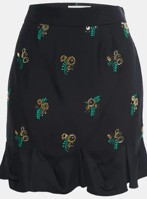 Stella McCartney Black Patterned Crepe Ruffle Trimmed Skirt S