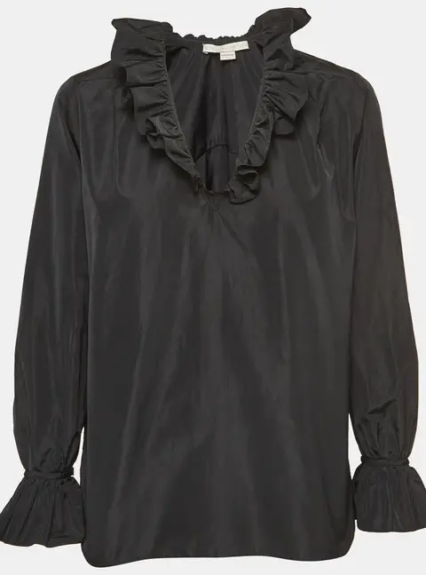 Stella McCartney Black Silk Blend Crepe Ruffled V Neck Top S