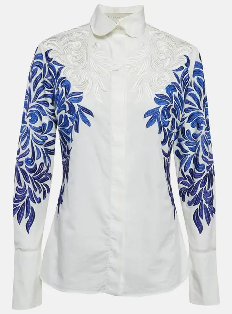 Stella McCartney White/Blue Embroidered Cotton Long Sleeve Shirt S