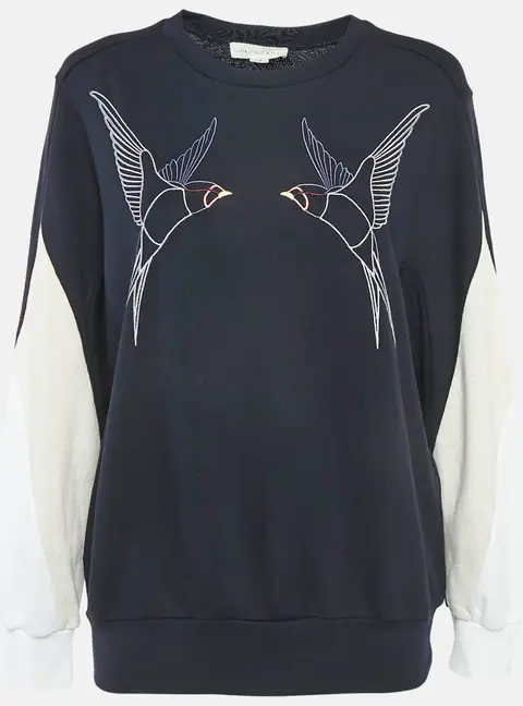 Stella McCartney Navy Blue Swallow Embroidered Cotton Knit Crewneck Sweatshirt S