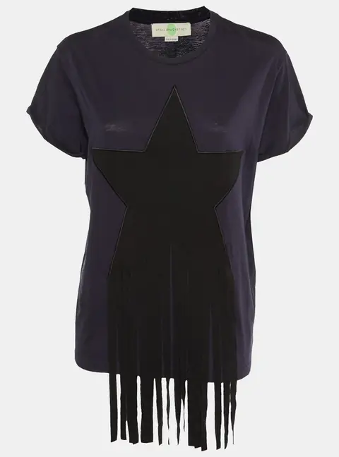 Stella McCartney Navy Blue Cotton Knit Stra Fringed T-Shirt M