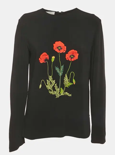 Stella McCartney Black Floral Embroidered Crepe Blouse S