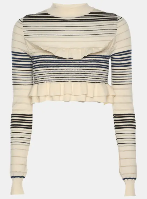 Stella McCartney Cream/Blue Striped Rib Knit Cropped Striped Frill Jumper S
