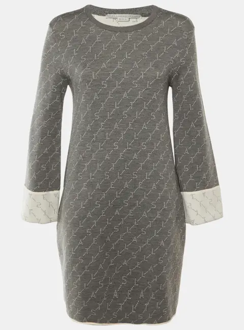 Stella McCartney Grey /Cream Logo Wool Knit Mini Dress M