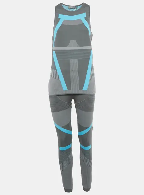 Stella McCartney X Adidas Grey /Blue Pattered Jersey Top & Leggings Active Wear Set L