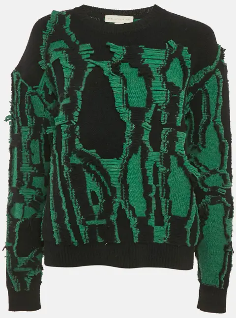 Stella McCartney Black/Green Frayed Knit Crewneck Sweater M