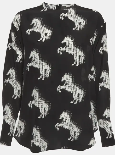 Stella McCartney Black Horse Print Silk Blouse M
