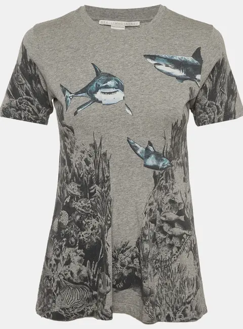 Stella McCartney Grey Shark Print Cotton Knit Crew Neck T-shirt XS