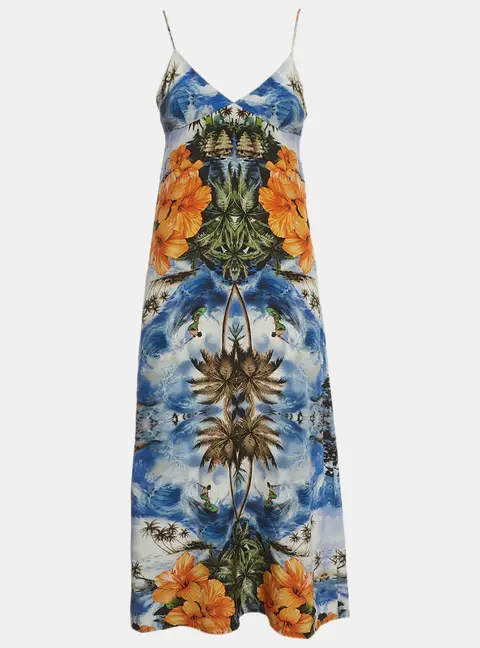 Stella McCartney Tropical Hawaiian Print Silk Strappy Midi Dress S