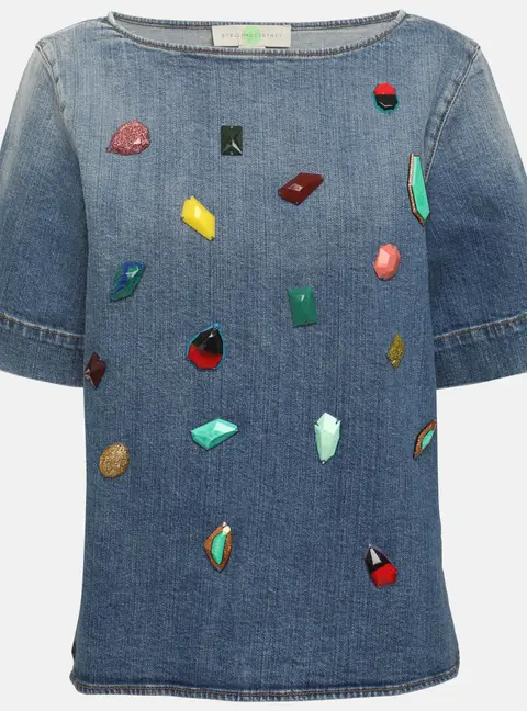 Stella McCartney Blue Denim Crystal Embellished Top S