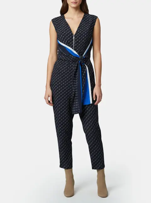 Stella McCartney Navy Blue Logo Print Silk Jumpsuit S