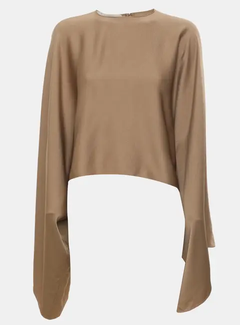 Stella McCartney Metallic Beige Satin Draped Sleeve Cropped Top