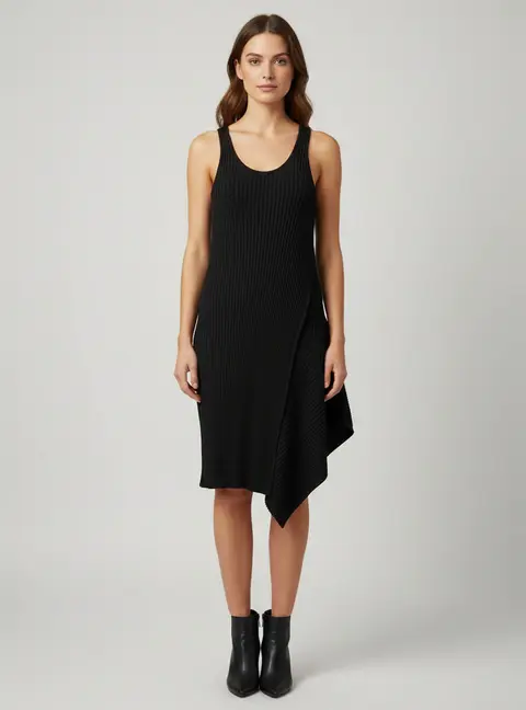 Stella McCartney Black Rib Knit Asymmetric Midi Dress S